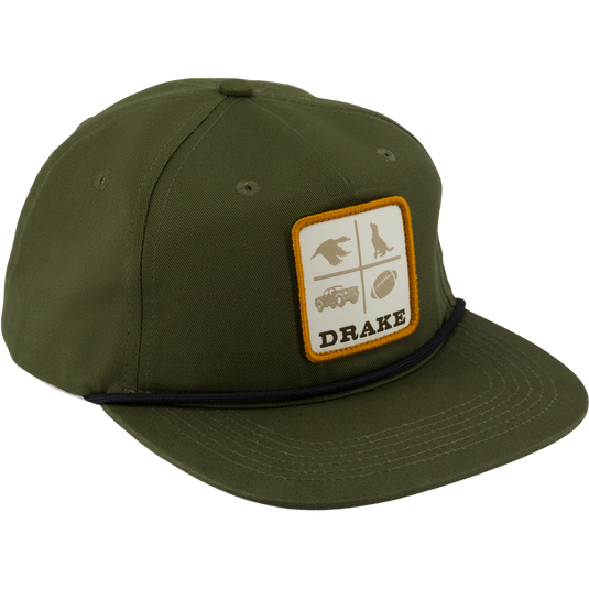 Olive green Drake X Lost Hat DDTF Goat Rope Cap with a black rope trim across the brim and a patch featuring a four-paneled icon of a bird, dog, truck, and football above the word DRAKE.