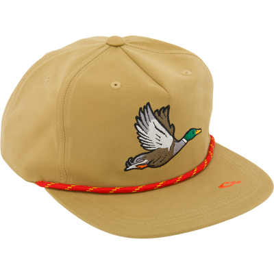 Drake Duck Rope Cap with embroidered duck motif, flat bill, adjustable snap-back, and red rope trim, offering breathability and sun protection.