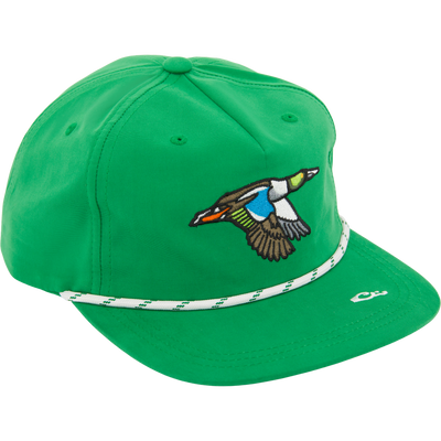 Drake Duck Rope Cap with embroidered duck, flat bill, braided cord, and adjustable snap-back closure, blending retro golf style with breathable, sun-protective fabric.