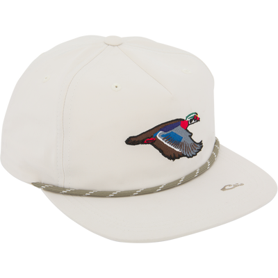 Drake Duck Rope Cap featuring an embroidered flying duck, braided cord, flat bill, and adjustable snap-back, made with breathable cotton/nylon for sun protection.