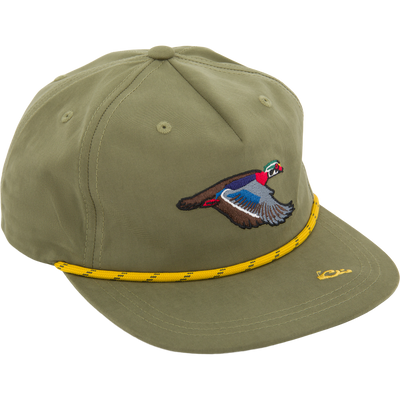 Drake Duck Rope Cap with embroidered duck, yellow braided cord, flat visor, and adjustable snap-back, combines vintage golf style with breathable cotton/nylon fabric.