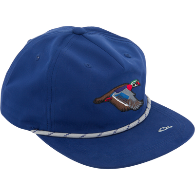 Drake Duck Rope Cap with embroidered mallard, flat bill, adjustable snap-back, and rope trim; combines breathable cotton/nylon for sun protection and style.