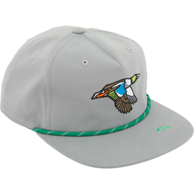 Drake Duck Rope Cap featuring an embroidered duck, green cord detail, flat bill, and adjustable snap-back closure, designed for breathability and sun protection.