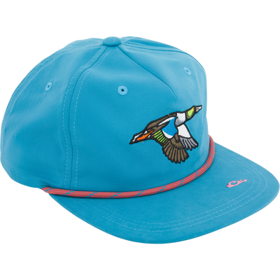 Drake Duck Rope Cap with embroidered bird, pink cord, and C logo. Features flat bill, snap-back closure, and breathable fabric for stylish sun protection.