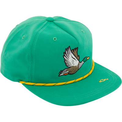 Drake Duck Rope Cap with embroidered mallard, yellow rope trim, adjustable snap-back, and flat visor, offering breathability and sun protection with cotton/nylon fabric.