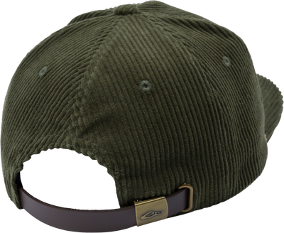 OG Bottomland Patch Cord Rope Hat, olive-green corduroy with ribbed texture, adjustable leather strap, brass buckle, ideal for stylish outdoor adventures.