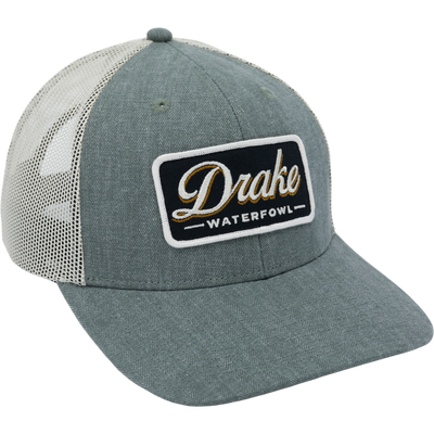 Herringbone Patch Mesh Back Cap with structured pro round crown, chino twill front, breathable mesh back, woven loop label, and plastic snap closure.