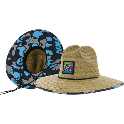 Drake X Lost Hat Lake Shore Straw Hat with wide brim, featuring a blue-gray camo underside, chin cord, and fish patch on the front.