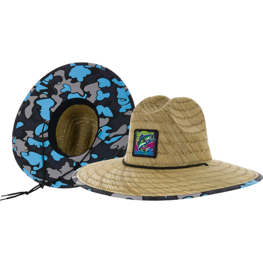 Drake X Lost Hat Lake Shore Straw Hat with wide brim, featuring a blue-gray camo underside, chin cord, and fish patch on the front.