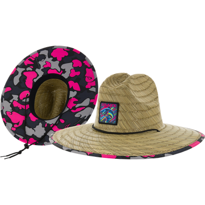 Drake X Lost Lake Shore Straw Hat featuring a wide-brimmed straw design with a colorful patch and pink-gray camo lining, showcasing adjustable chin cord for secure fit.