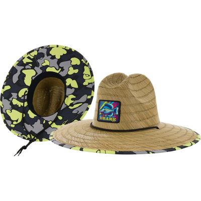 Drake X Lost Lake Shore Straw Hat featuring a camo under-brim and chin cord, highlighting a fish graphic patch with DRAKE on woven straw.