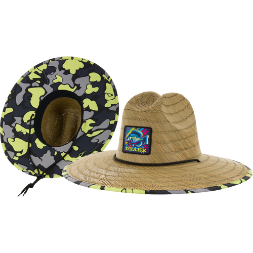 Drake X Lost Lake Shore Straw Hat featuring a camo under-brim and chin cord, highlighting a fish graphic patch with DRAKE on woven straw.