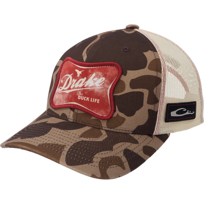 Drake Life Mesh Back Cap with camouflage pattern, red Drake The Duck Life patch, black C logo, and breathable mesh back for comfort and style.