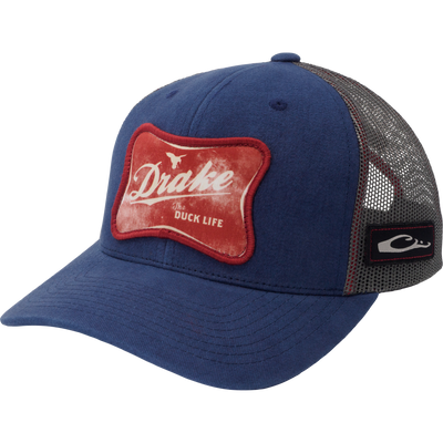 Drake Life Mesh Back Cap featuring a blue textured front with a red Drake patch and gray mesh back, offering adjustable comfort and breathability.