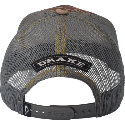 Drake Mallard Decoy Mesh Back Cap featuring gray mesh panels, a Drake patch above the opening, and an adjustable snap-back strap for a customizable fit.