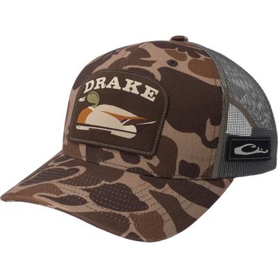 Drake Mallard Decoy Mesh Back Cap with camo pattern, features a stitched DRAKE patch and duck graphic on the front, grey mesh back, adjustable fit.