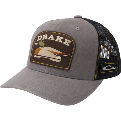Drake Mallard Decoy Mesh Back Cap with gray front, mallard patch, yellow stitching, black mesh back, and adjustable snap closure for comfort and breathability.