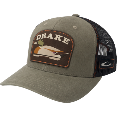 Drake Mallard Decoy Mesh Back Cap with embroidered duck patch, foam front, breathable black mesh, and adjustable snap closure for a comfortable, stylish fit.