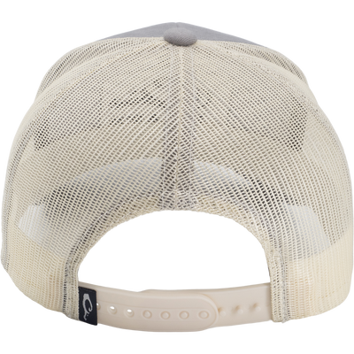 Drake License Plate Mesh Back Cap with cream mesh back, gray foam front, and adjustable snapback closure for comfort and breathability.