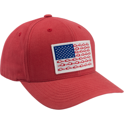 Drake Americana Dad Cap with an American flag patch, 6-panel cotton twill design, pre-curved visor, and adjustable snap closure, suitable for hunting enthusiasts.