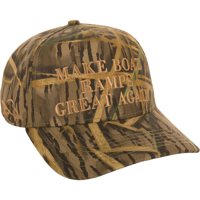 Make Boat Ramps Great Again Cap with camouflage pattern, embroidered text, 5-panel crown, flat bill, adjustable snap back, supporting boat ramp restoration.