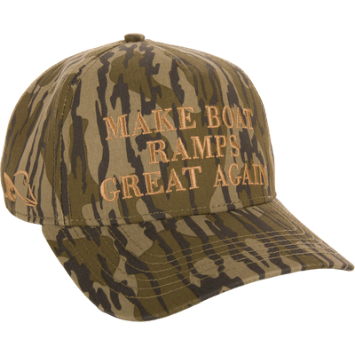 Make Boat Ramps Great Again Cap featuring front embroidery, 5-panel crown, curved visor, and adjustable snap back closure, supporting boat ramp restoration efforts.