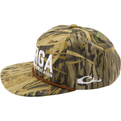 Drake x Lost Hat MBRGA Goat Rope Cap featuring a camouflage pattern, Make Boat Ramps Great Again embroidery, flat bill, and adjustable snap-back closure.