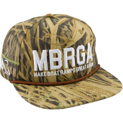Drake x Lost Hat MBRGA Goat Rope Cap with MAKE BOAT RAMPS GREAT AGAIN slogan, 5-panel camo design, flat bill, snap back closure, rope detail above brim.