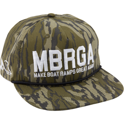 Drake x Lost Hat MBRGA Goat Rope Cap with camouflage design, featuring Make Boat Ramps Great Again and distinctive embroidery, adjustable snapback closure, and flat bill.