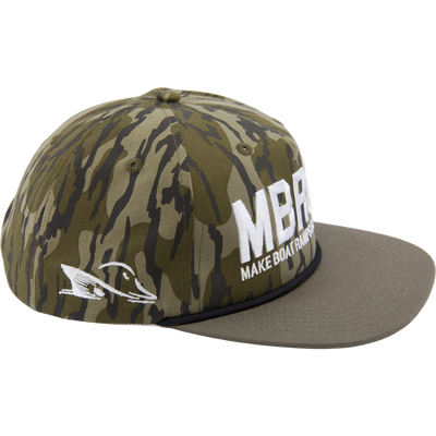 Drake x Lost Hat MBRGA Hybrid Patch Goat Rope Cap with camo pattern, Make Boat Ramps Great Again embroidery, and adjustable snapback closure.