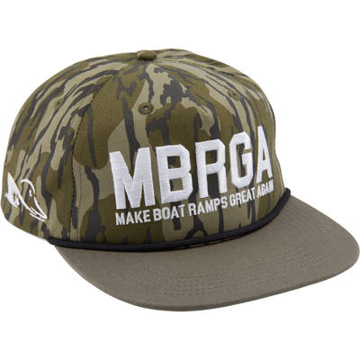 Drake x Lost Hat MBRGA Hybrid Patch Goat Rope Cap featuring camouflage pattern, embroidered Make Boat Ramps Great Again, flat bill, and adjustable snap back.
