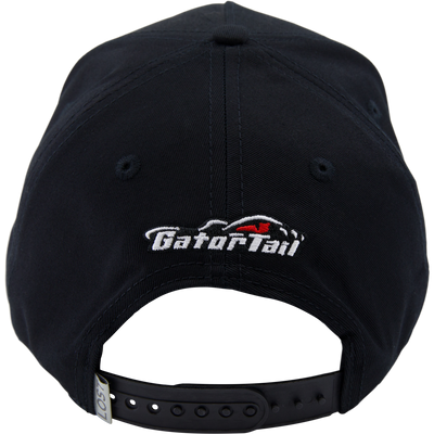 Drake x Lost Hat MBRGA EA5Y Hybrid Panel Cap featuring Make Boat Ramps Great Again embroidery, flat bill, and snapback closure, laid brim-down, showcasing the GatorTail logo.