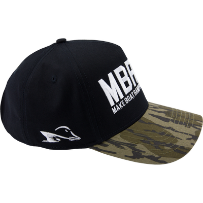 Drake x Lost Hat MBRGA EA5Y Hybrid Panel Cap with embroidered text and duck silhouette, featuring a camo flat bill and adjustable snap back closure.