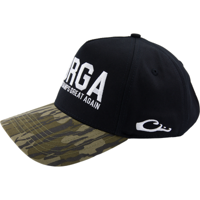 Drake x Lost Hat MBRGA EA5Y Hybrid Panel Cap, featuring a black crown, camo bill, embroidered front text, and side “C” logo.