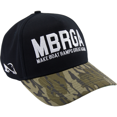 Drake x Lost Hat MBRGA EA5Y Hybrid Panel Cap with MAKE BOAT RAMPS GREAT AGAIN embroidery, featuring a fish graphic and adjustable snap back closure.