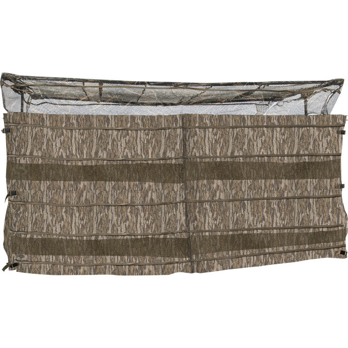 Ghillie 4-Man Blind with No-Shadow Dual Action Top: A camouflage blind with adjustable legs, front gate, and rear exits. Lightweight and easy to set up/break down. Ideal for hunting in various terrains.