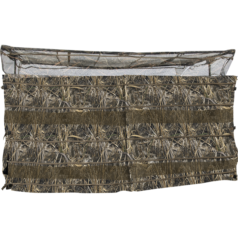 A close-up of the Ghillie 4-Man Blind with No-Shadow Dual Action Top, featuring a net and a wall of hay.