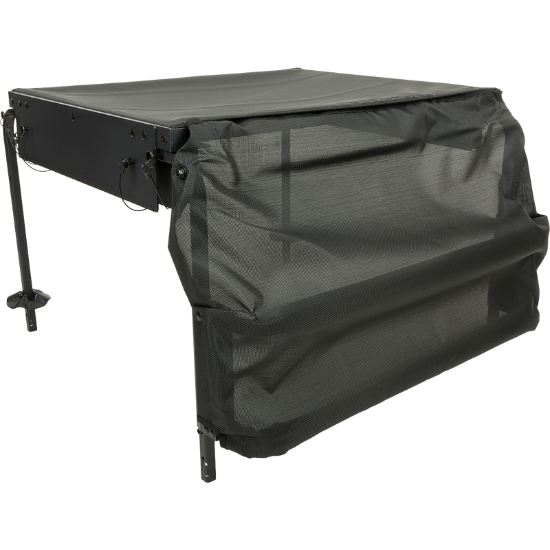 A black table with a mesh-topped platform and extension legs for deep water, part of the Ghillie Deluxe Platform from Drake Waterfowl.