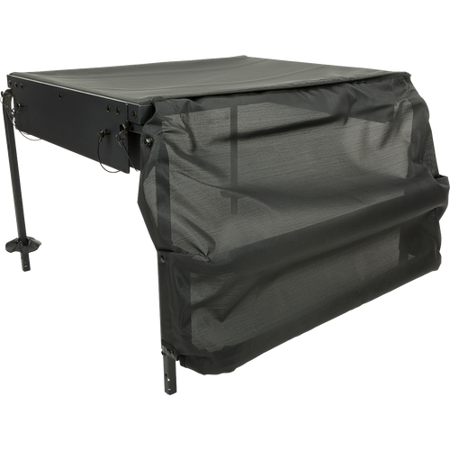 A black table with a mesh-topped platform and extension legs for deep water, part of the Ghillie Deluxe Platform from Drake Waterfowl.