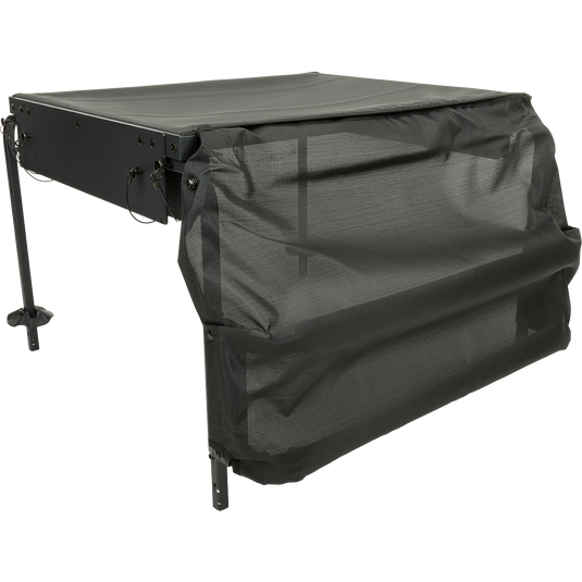 A black table with a mesh-topped platform and extension legs for deep water, part of the Ghillie Deluxe Platform from Drake Waterfowl.
