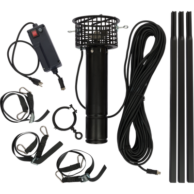 Close-up of the Drake 1 HP Ice Grinder, featuring a black cylindrical device with attached wires and a metal propeller for ice-breaking during hunting activities.