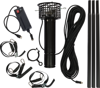 Close-up of the Drake 1 HP Ice Grinder, featuring a black cylindrical device with wires, a metal clasp, and an aluminum prop for ice breaking.