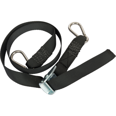 Black strap with a metal clasp for the Drake 1 HP Ice Grinder, essential for securing equipment during hunting and ensuring stability in various water conditions.