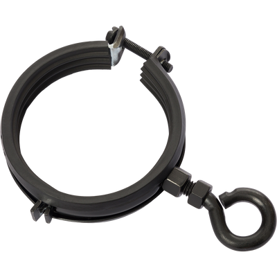 A black metal ring with a bolt and nut, part of the Drake 1 HP Ice Grinder for waterfowl hunting.