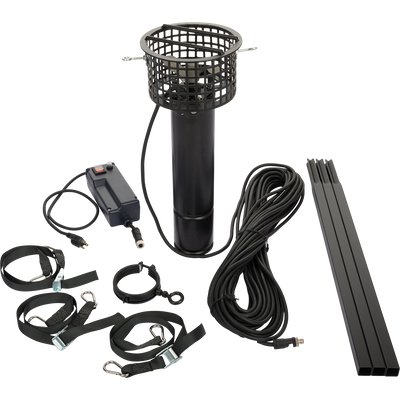 Close-up of the Drake 1 HP Ice Grinder with attached cables and metal housing, designed for creating motion in decoy spreads.