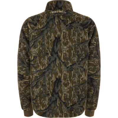 Back view of the Non-Typical Statix Sherpa Fleece Insulated Jacket, showcasing camouflage pattern and “NON-TYPICAL” branding below the collar, emphasizing rugged, windproof design.