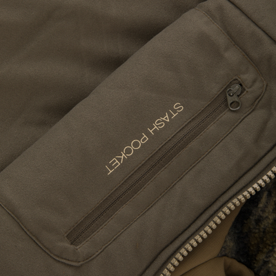 Close-up of a Non-Typical Statix Sherpa Fleece Insulated Jacket's stash pocket with YKK zipper, highlighting its durable, windproof, water-resistant fleece material and detailed stitching.