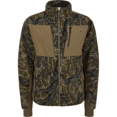 Non-Typical Statix Sherpa Fleece Insulated Jacket with Agion Active X2, featuring camo pattern, olive-green panels, stand-up collar, and zippered chest pocket with antler logo.