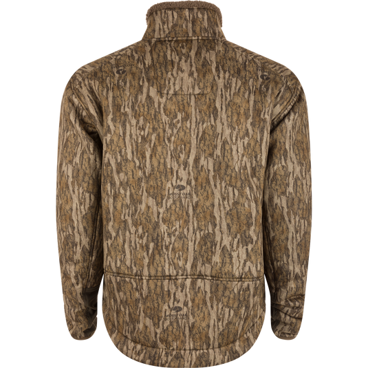 Midweight Nova Silencer Jacket with Agion Active X2, back view, showcasing camouflage pattern, water resistance, breathable fleece, and convenient pockets for hunting functionality.