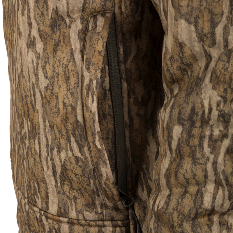Midweight Nova Silencer Jacket with Agion Active X2, showcasing a bark-style camo print, side seam, and zippered pocket, ideal for hunting with advanced odor protection.